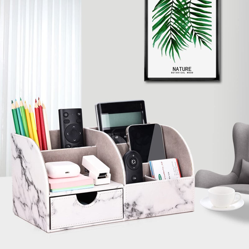 KINGFOM Pu Leather Desk Organizer Pen Pencil Holder Office Supplies Caddy Storage Box 6 Compartments with Drawer Gray Marble - Image 2